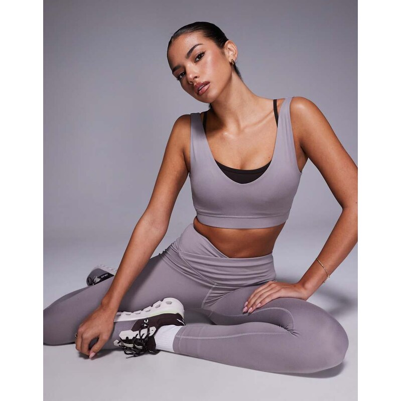 4505 soft touch wrap back medium support sports bra in mink-Grey