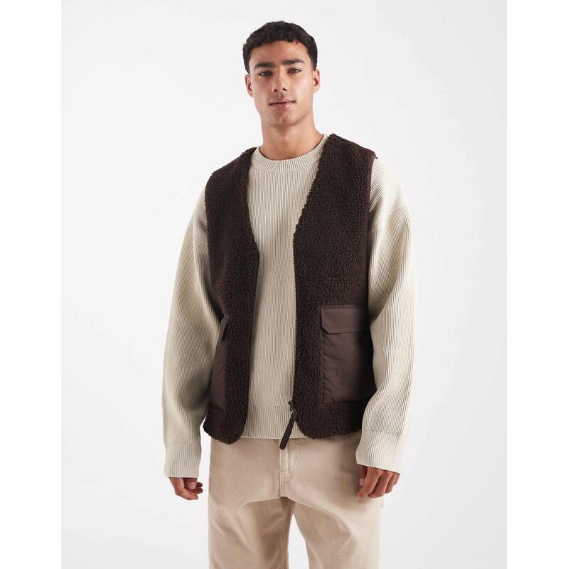 ASOS DESIGN borg utility gilet in brown