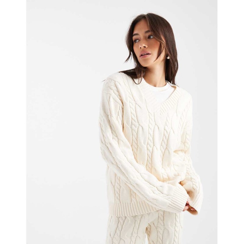 4th & Reckless cotton rich cable knit v neck jumper co-ord in cream 109186978