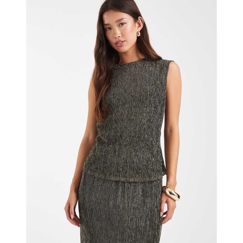 French Connection metallic plisse sleeveless top co-ord in gold