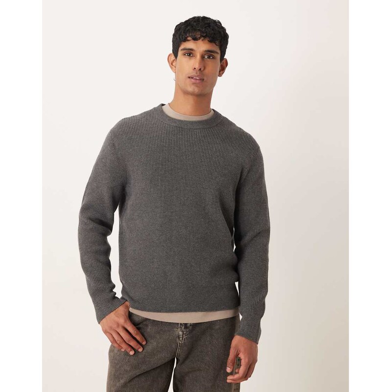Mango wool mix relaxed fit ribbed jumper in charcoal-Grey