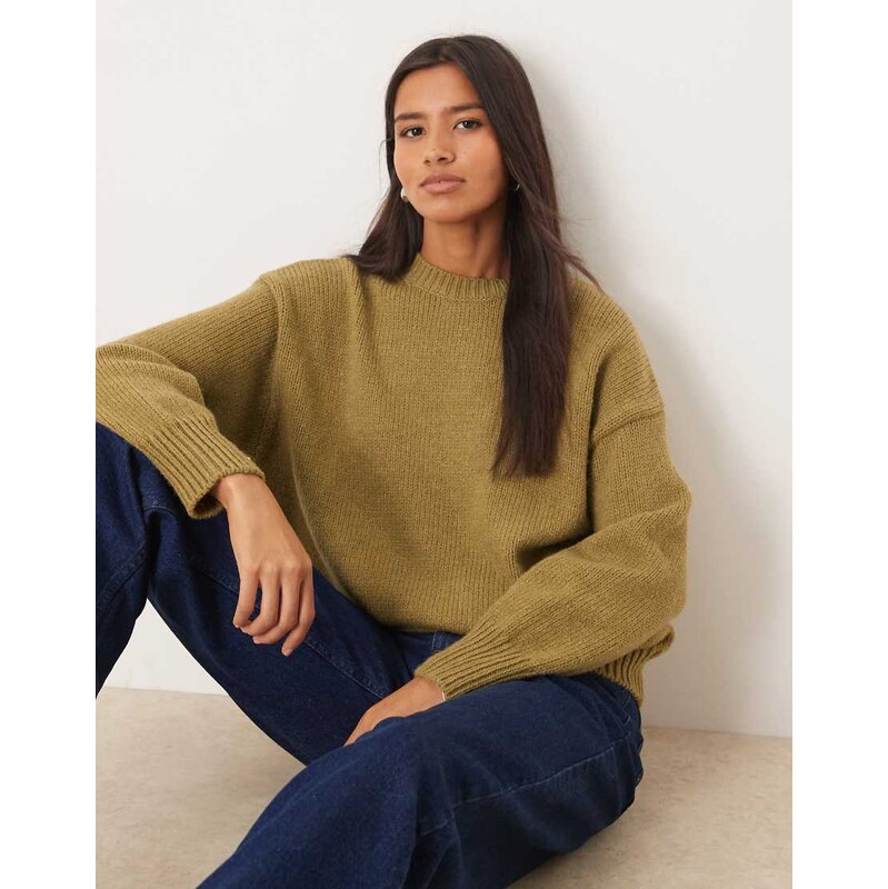 Mango crew neck chunky jumper in moss green