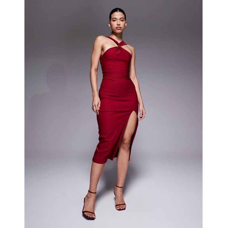 Vesper bengaline twist front halter neck side split midaxi dress in 112183224