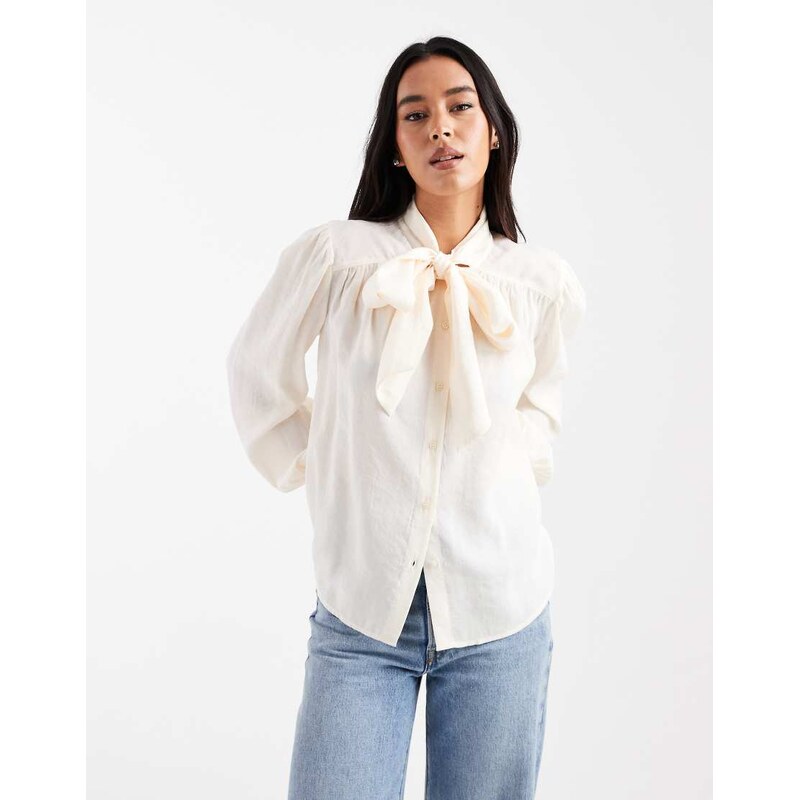 ASOS DESIGN tie front blouson blouse in cream-White