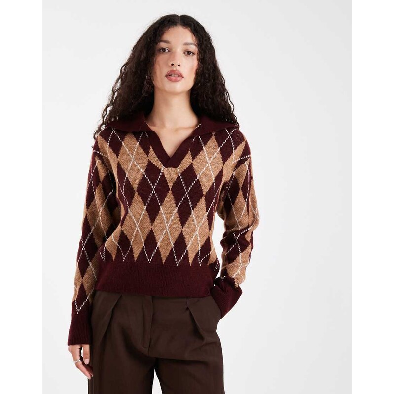 New Look argyle polo jumper in red pattern