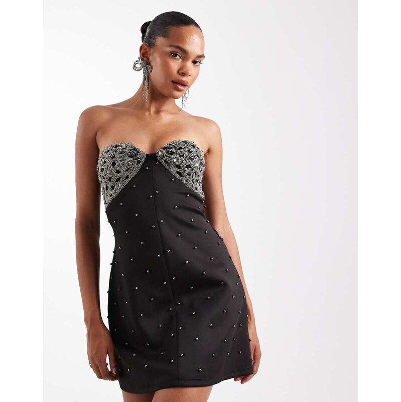 ASOS DESIGN embellished bandeau studded mini dress in black