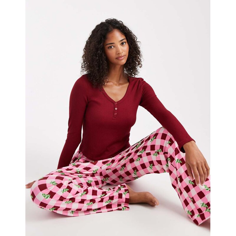 Loungeable Christmas henley and printed trouser pyjama set in berry 109431409
