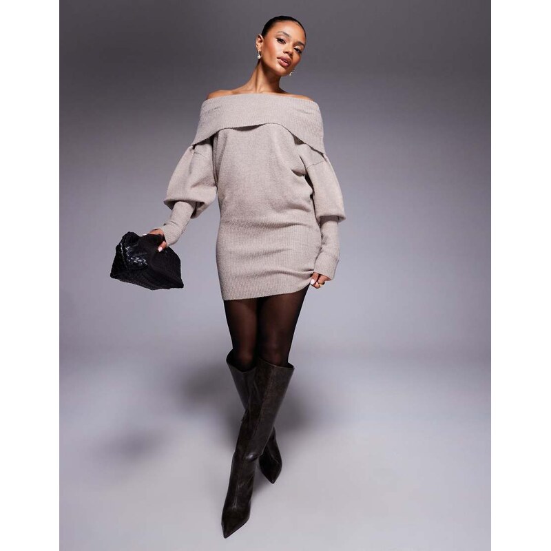 Aria Cove asymmetric deep bardot balloon sleeve knitted mini jumper 109436297