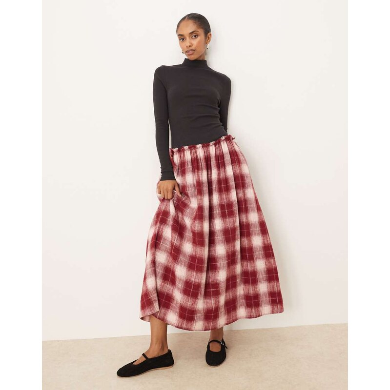 ASOS DESIGN high neck long sleeve hybrid maxi dress in red check