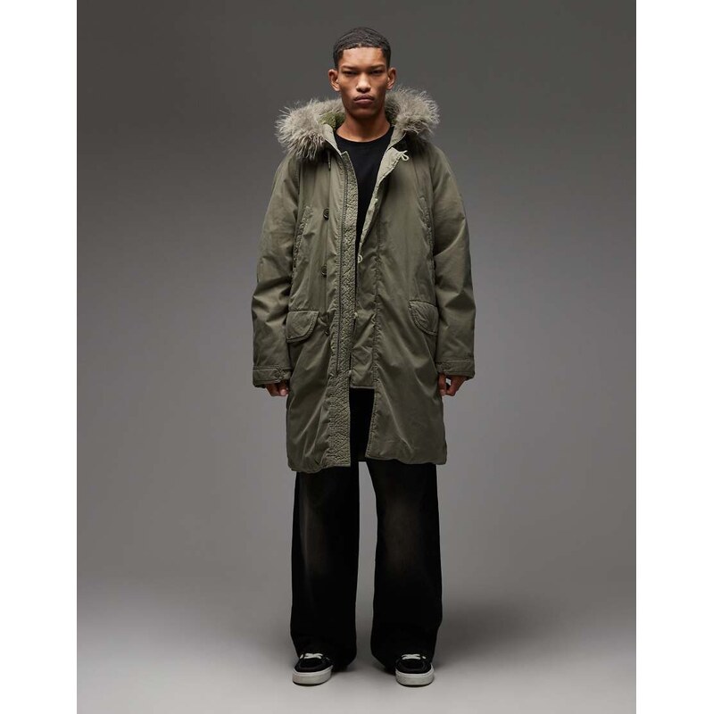 COLLUSION faux fur lined longline parka in khaki-Green