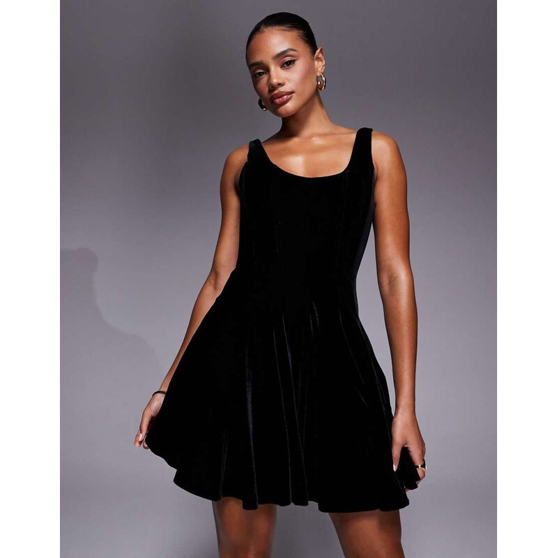 Rare London premium velvet scoop neck pleated skirt skater mini dress 109369516