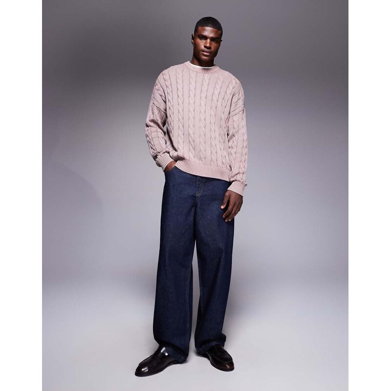 ASOS DESIGN oversized cable knitted jumper in washed pink