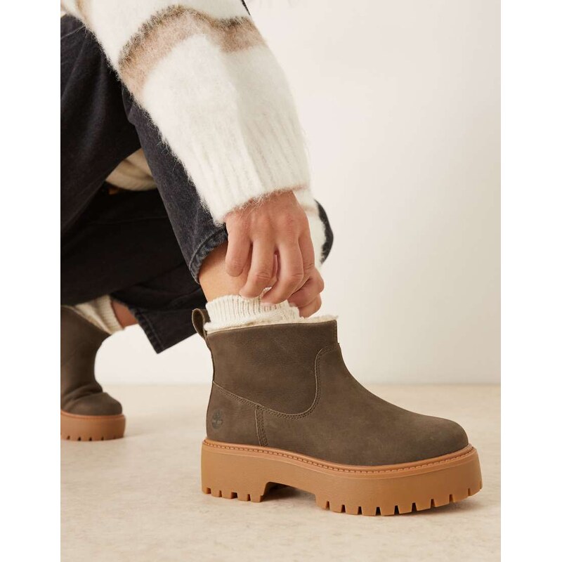 Timberland Stone Street platform borg lined chelsea boots in dark brown leather