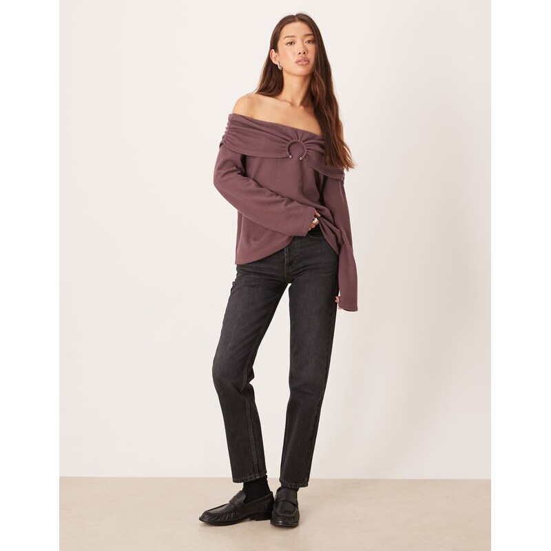 ASOS DESIGN Supersoft off shoulder hardware detail jumper in dusty plum-Brown