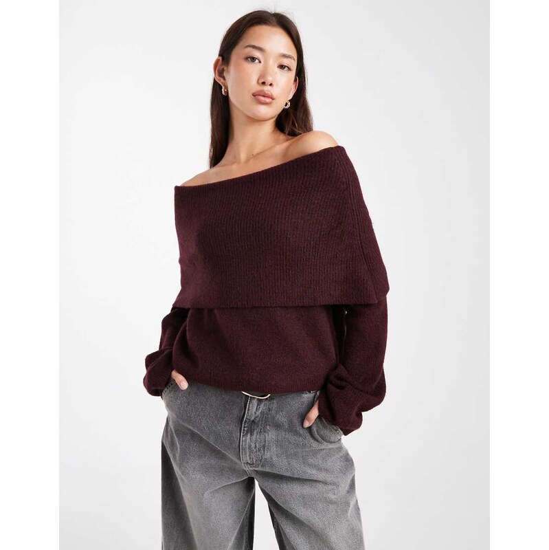 Miss Selfridge deep fold over rib bardot in plum-Purple 115188358