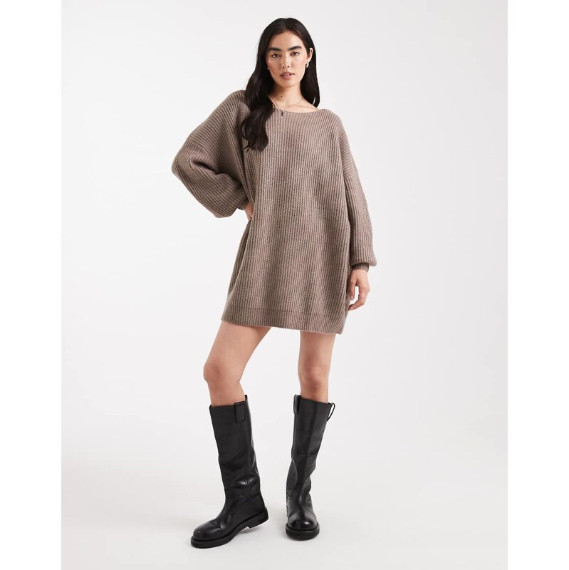 Miss Selfridge slash neck oversized knit mini dress in mocha
