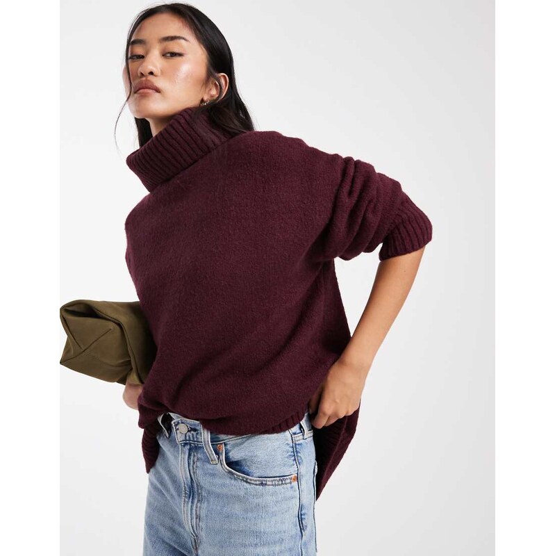 Miss Selfridge oversized roll neck split hem jumper in plum-Purple 109217632