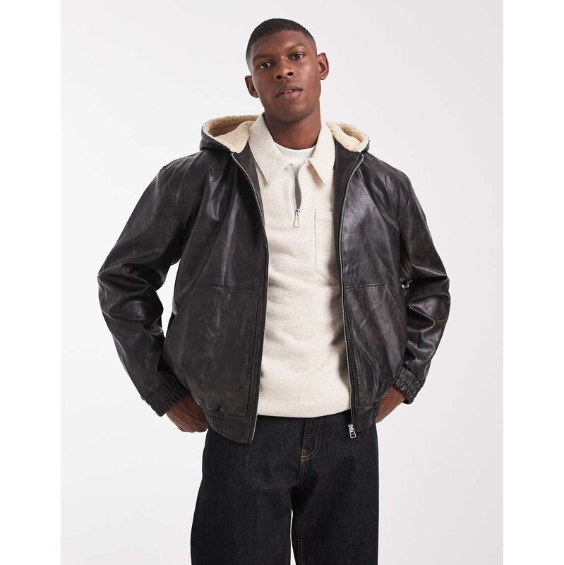 ASOS DESIGN faux leather bomber jacket with borg lined hood in