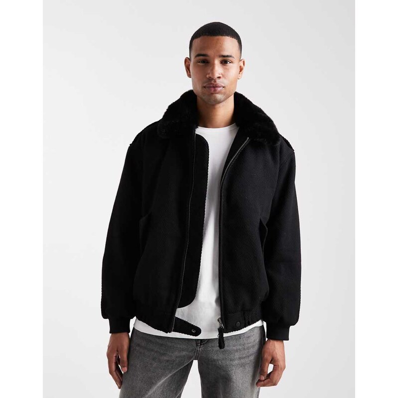 ASOS DESIGN wool look bomber jacket with faux fur collar in
