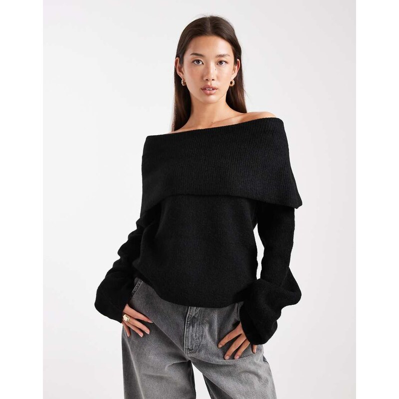 Miss Selfridge deep fold over rib bardot in black 109239529