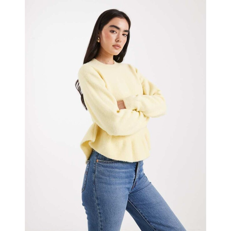 ASOS DESIGN ruffle curved hem jumper in buttermilk-Yellow