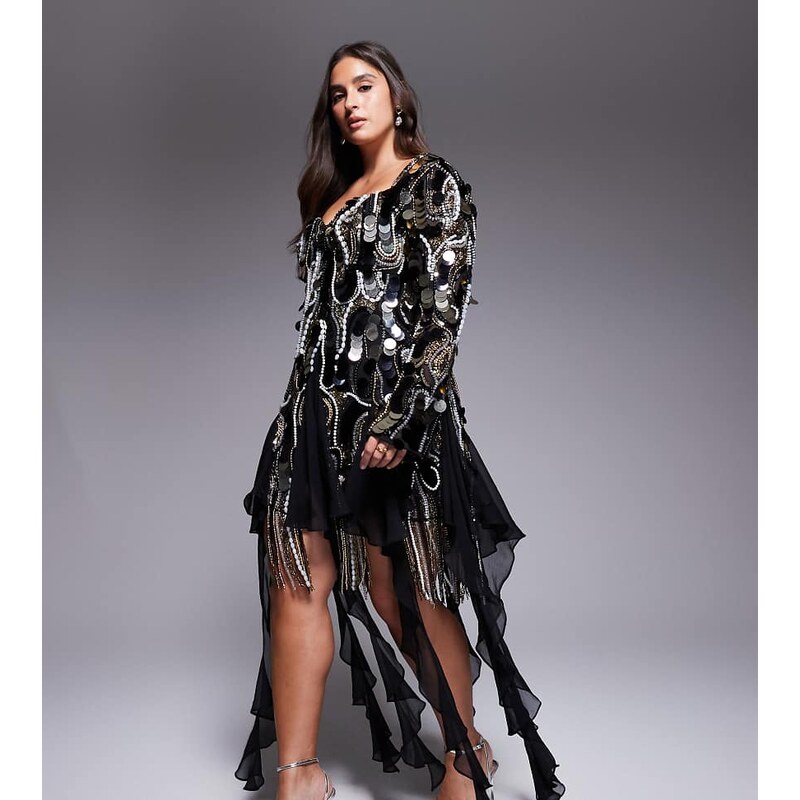 ASOS LUXE Curve embellished chiffon trim mini dress in black 109280452