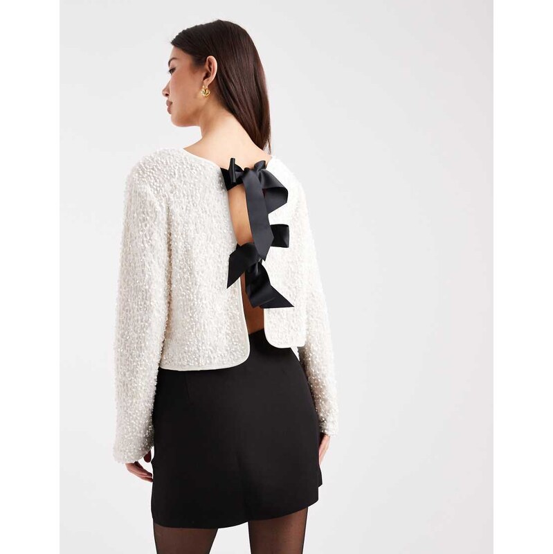 ONLY long sleeve bow back top in white sequin