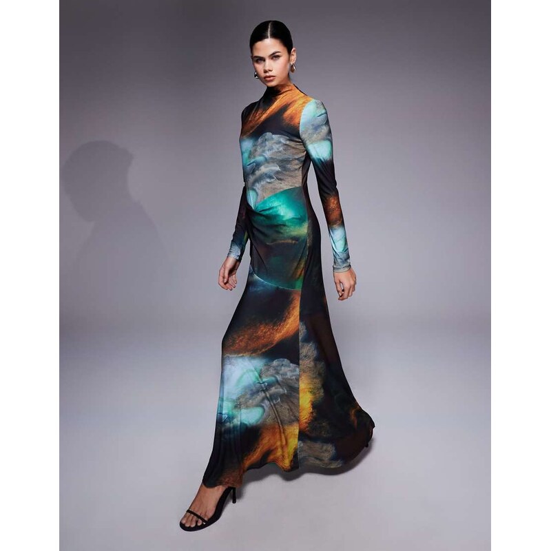 Daska high neck twist drape detail maxi dress in abstract print-Multi 110919055