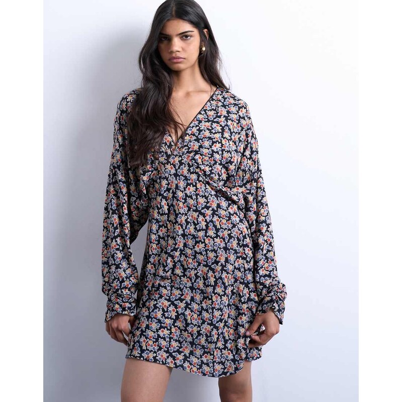 Topshop mini long sleeve tea dress in floral print-Black 109292122