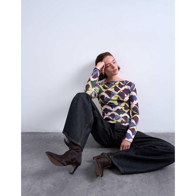Topshop microfibre painted geo print long sleeve top in multi