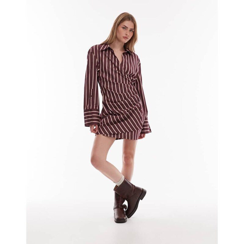 & Other Stories ruche side min shirt dress in burgundy stripe