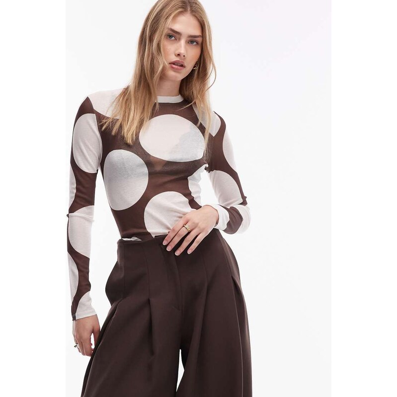 ASOS DESIGN sheer printed spot crew neck top in brown