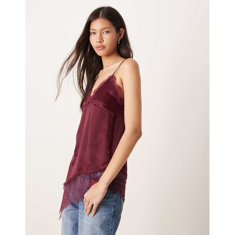 ASOS DESIGN satin lace trim asym hem cami top in plum-Purple