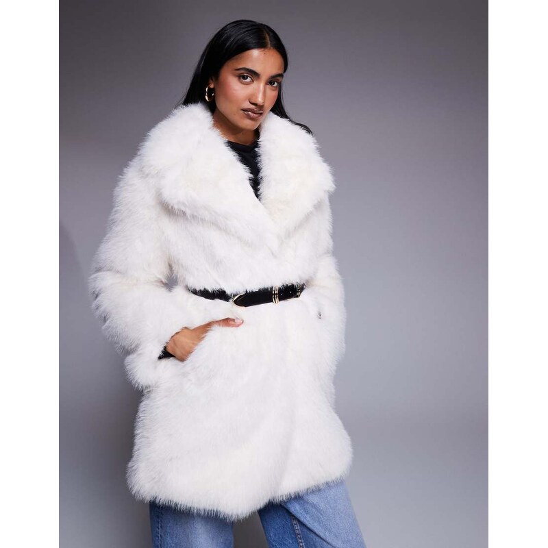 River Island belted mid length faux fur coat in cream-White
