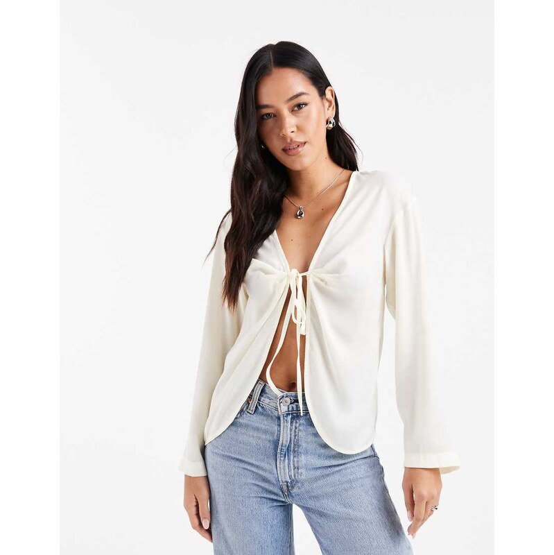 ASOS DESIGN satin v neck tie detail long sleeve blouse in ivory-White 115541563