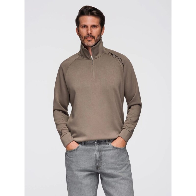 Ombre Clothing Pánská hnědá mikina s logem a vysokým límcem V3