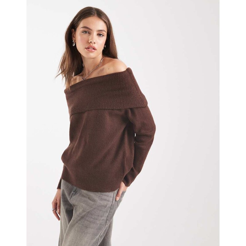 Brave Soul knitted bardot jumper in brown-Red