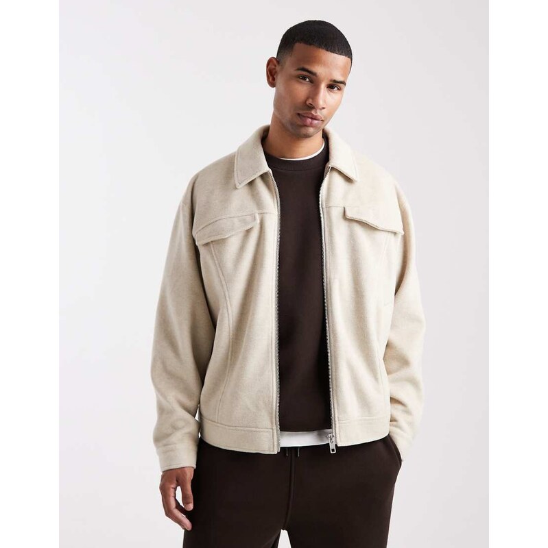 ASOS DESIGN wool look harrington in stone-Neutral