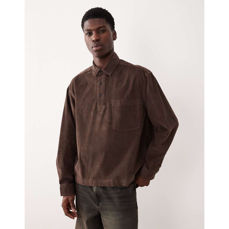 ASOS DESIGN boxy oversized cord rugby shirt in brown