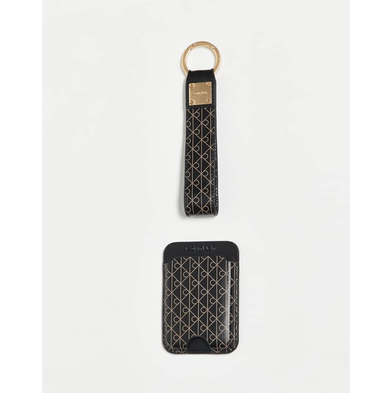 Calvin Klein all over logo keyring and card holder set in black 109280413