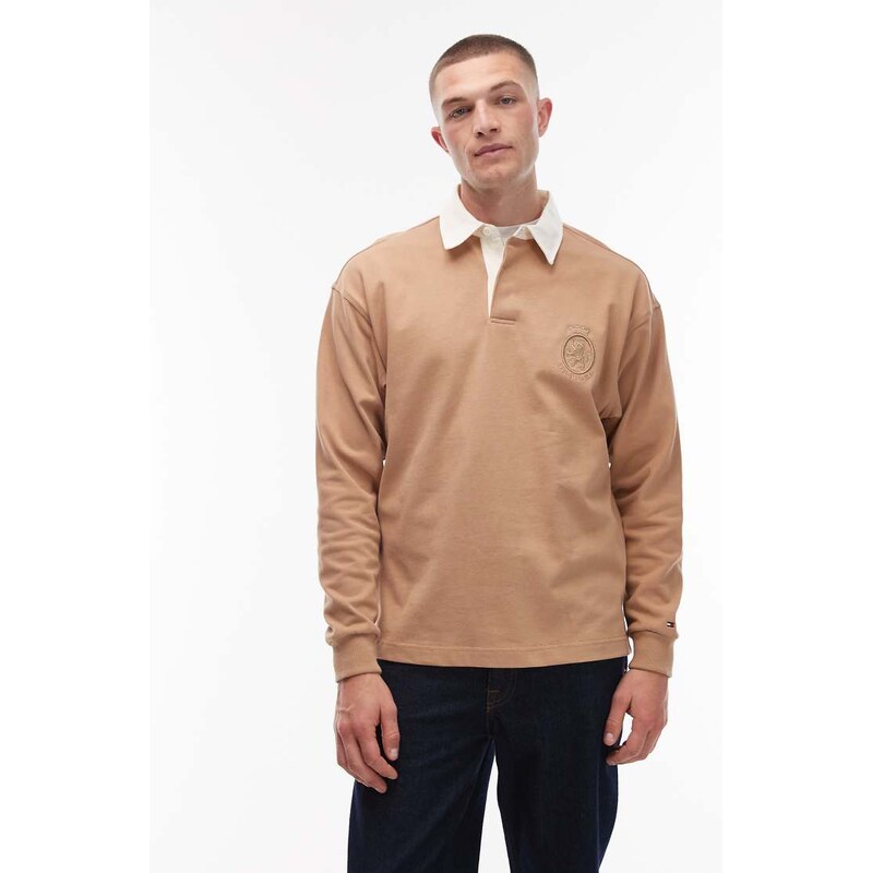 Tommy Hilfiger crest logo long sleeve rugby polo shirt in beige