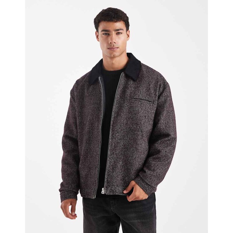 ASOS DESIGN harrington jacket in burgundy herringbone-Red