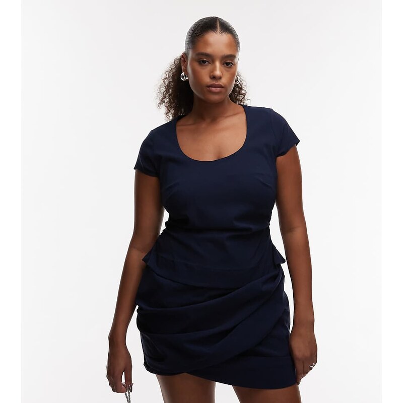 ASOS Curve ASOS DESIGN Curve cap sleeve wrap skirt mini dress in Navy 109280494