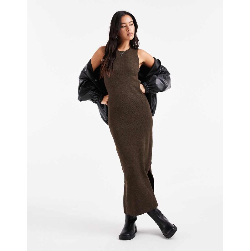 Pieces rib knitted sleeveless midi dress in chocolate brown