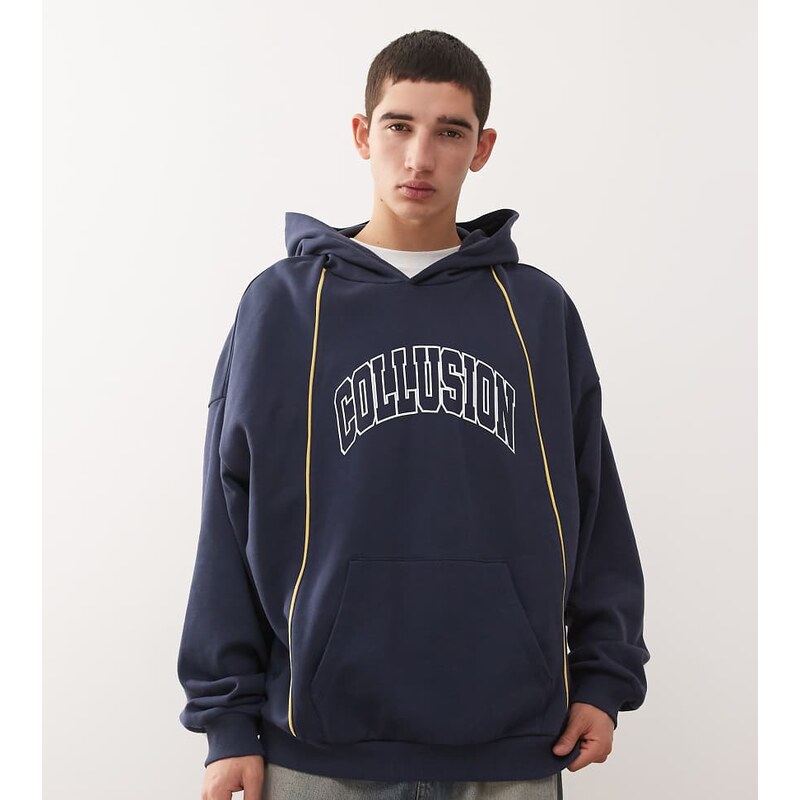 COLLUSION boxy oversized logo hoodie with piping in navy-Blue