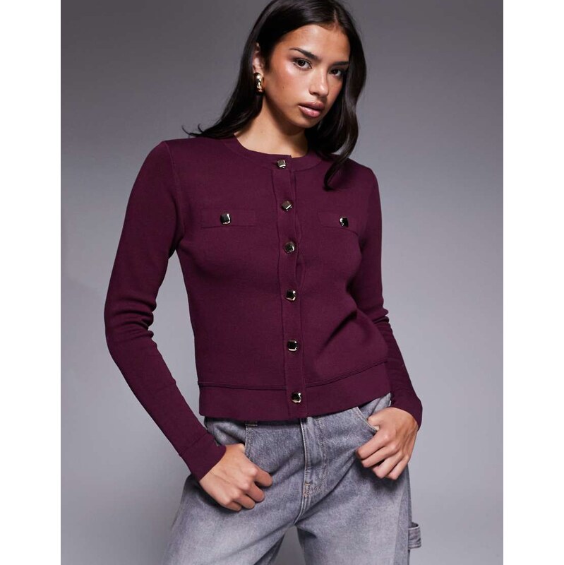 River Island button detail cardigan in burgundy-Red 109280576