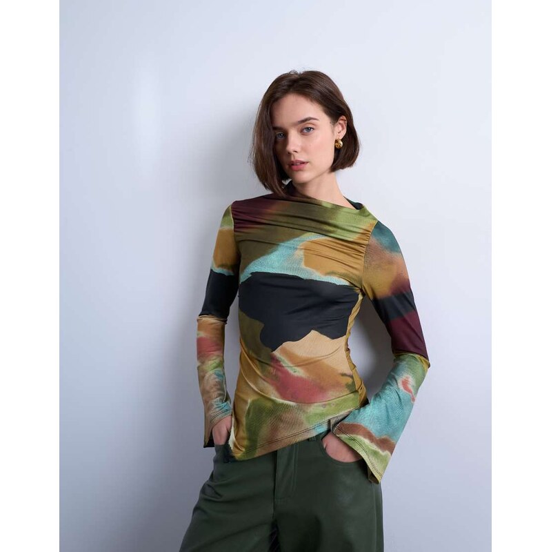 Topshop print slash neck asymmetric top in multi 109280581