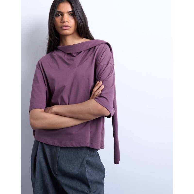 Topshop scarf neck detail drop shoulder t-shirt in fig-Purple