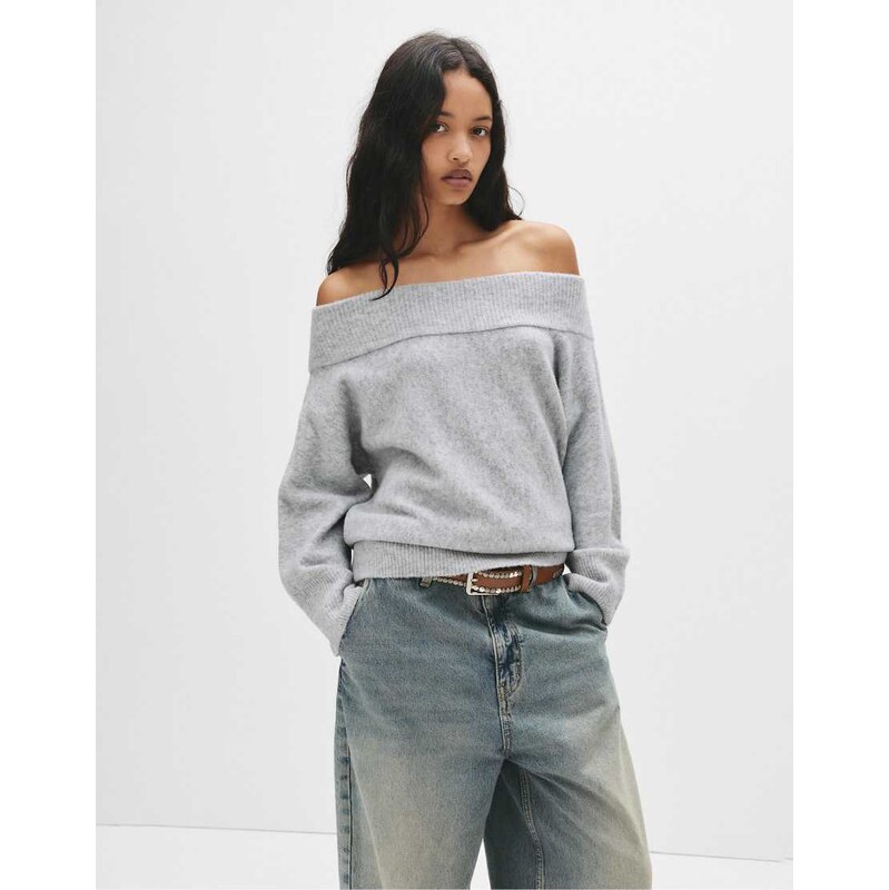 Pull&Bear Asymmetric soft knit sweater in grey marl 109280627