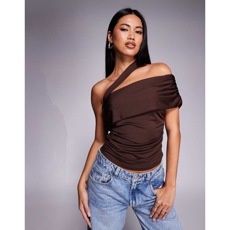 ASOS DESIGN asymmetric one shoulder fold over bardot top in
